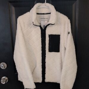 Calvin Klein Women's White and Black Sherpa Fleece Jacket